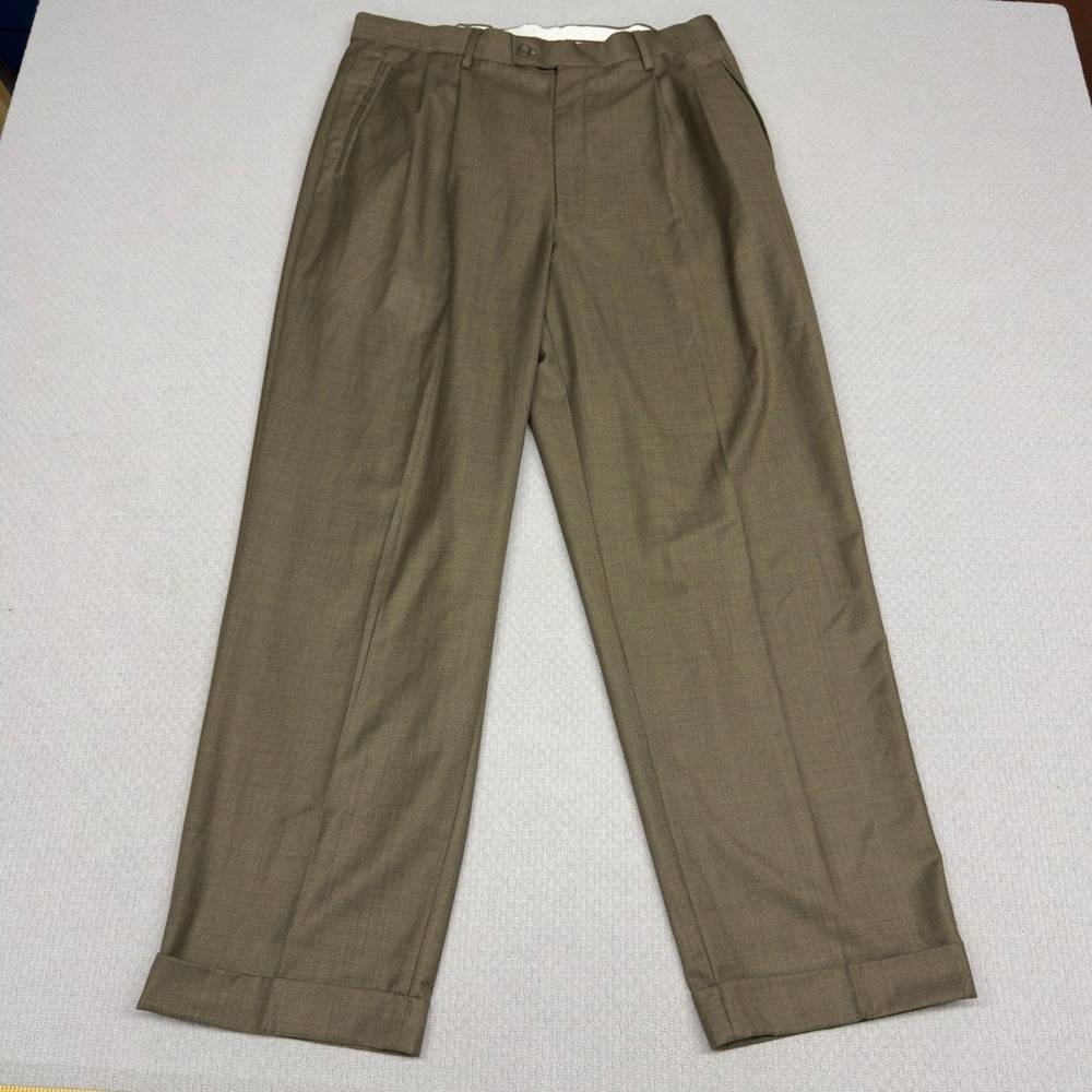 Louis Raphael Dress Pants Mens 34x30 Olive Brown Pleated Tailored Cuffed Formal